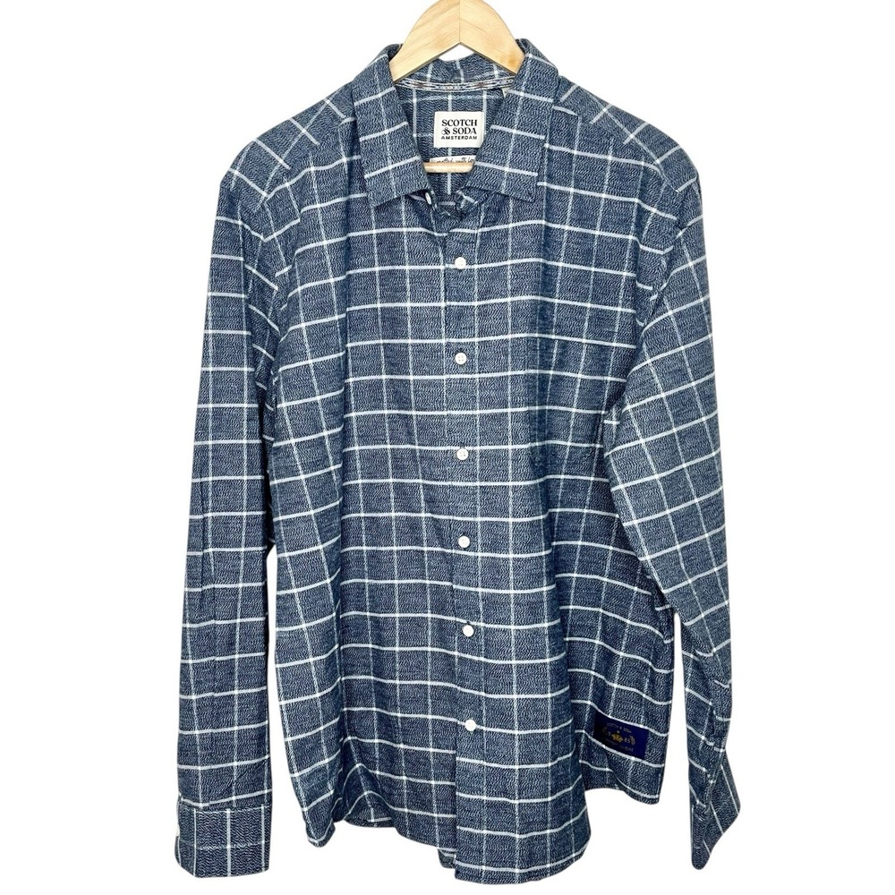Scotch & Soda Windowpane Plaid Button Up Shirt Gray Mens Size XL Woven Cotton